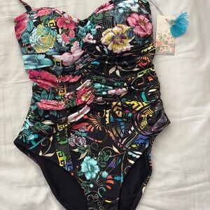 Johnny Was Multicolor Floral One Piece Swimsuit Ruched Sweetheart S